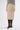 Front view of safari-toned suede midi skirt with clean panel construction and straight feminine silhouette